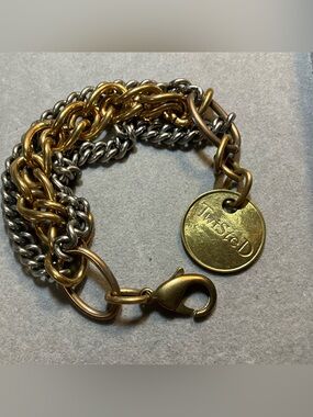Designer Twisted Silver Signed Distressed Two Tone Triple Chain Bracelet RARE